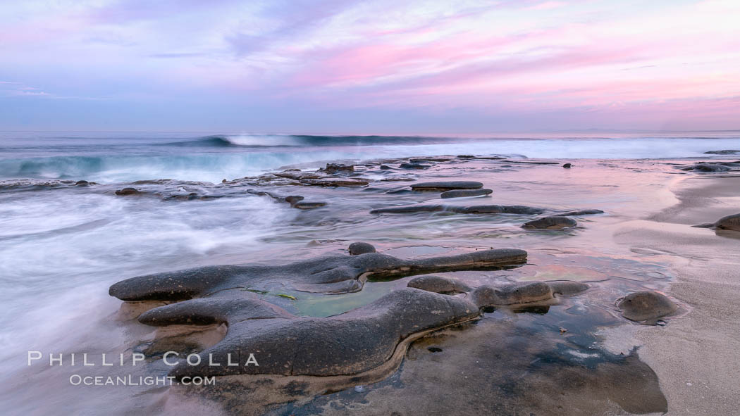 Dawn over La Jolla wave, reef and rocky coastline. California, USA, natural history stock photograph, photo id 37702