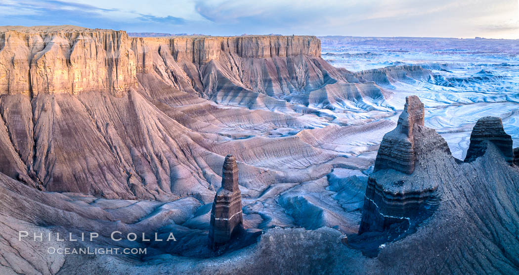 Dawn over the Skyline Rim, Factory Bench and Lower Blue Hills, Utah Badlands. Aerial panoramic photograph. USA, natural history stock photograph, photo id 37956