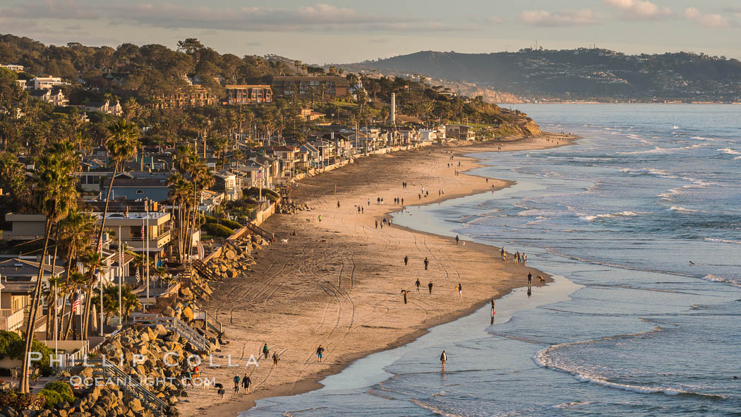 Del Mar beach and homes at sunset, California, 30490