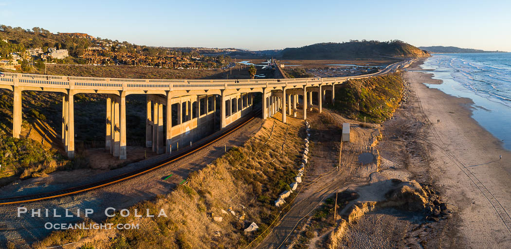 Del Mar Coastline and Bridge at sunset, aerial photo, Torrey Pines and La Jolla in the distance. California, USA, natural history stock photograph, photo id 38236