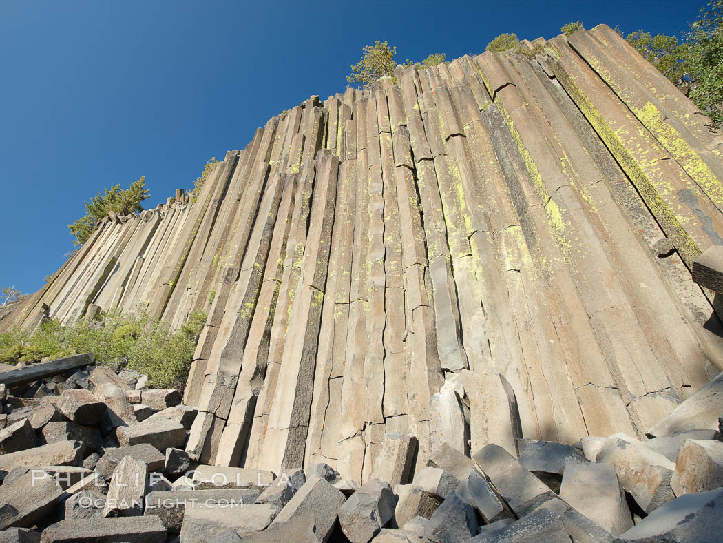 Devil's Postpile, a spectacular example of columnar basalt.  Once molten and under great pressure underground, the lava that makes up Devil's Postpile cooled evenly and slowly, contracting and fracturing into polygonal-sided columns.  The age of the formation is estimated between 100 and 700 thousand years old.  Sometime after the basalt columns formed, a glacier passed over the formation, cutting and polishing the tops of the columns.  The columns have from three to seven sides, varying because of differences in how quickly portions of the lava cooled. Devils Postpile National Monument, California, USA, natural history stock photograph, photo id 23282