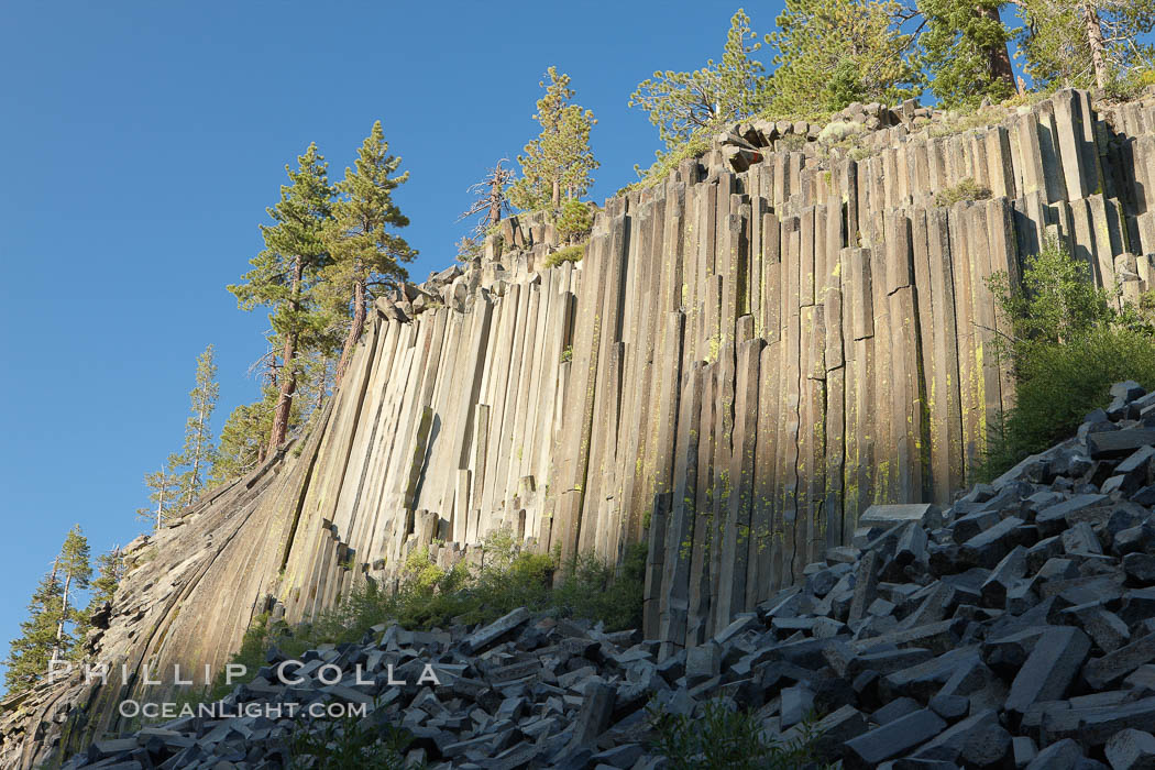 Devil's Postpile, a spectacular example of columnar basalt.  Once molten and under great pressure underground, the lava that makes up Devil's Postpile cooled evenly and slowly, contracting and fracturing into polygonal-sided columns.  The age of the formation is estimated between 100 and 700 thousand years old.  Sometime after the basalt columns formed, a glacier passed over the formation, cutting and polishing the tops of the columns.  The columns have from three to seven sides, varying because of differences in how quickly portions of the lava cooled. Devils Postpile National Monument, California, USA, natural history stock photograph, photo id 23286