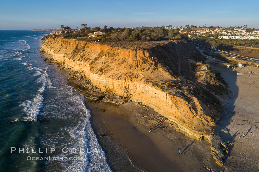 Dog Beach bluff overlooking Del Mar beach, viewed north towards Solana Beach, sunset, aerial photo. California, USA, natural history stock photograph, photo id 38103