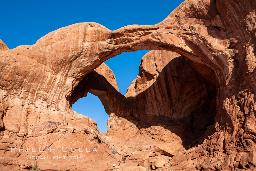 Double Arch, an amazing pair of natural arches formed in the red Entrada sandstone of Arches National Park. Utah, USA, natural history stock photograph, photo id 18176