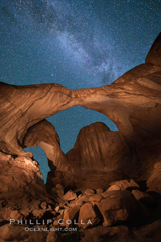 Double Arch and the Milky Way, stars at night. Arches National Park, Utah, USA, natural history stock photograph, photo id 27874