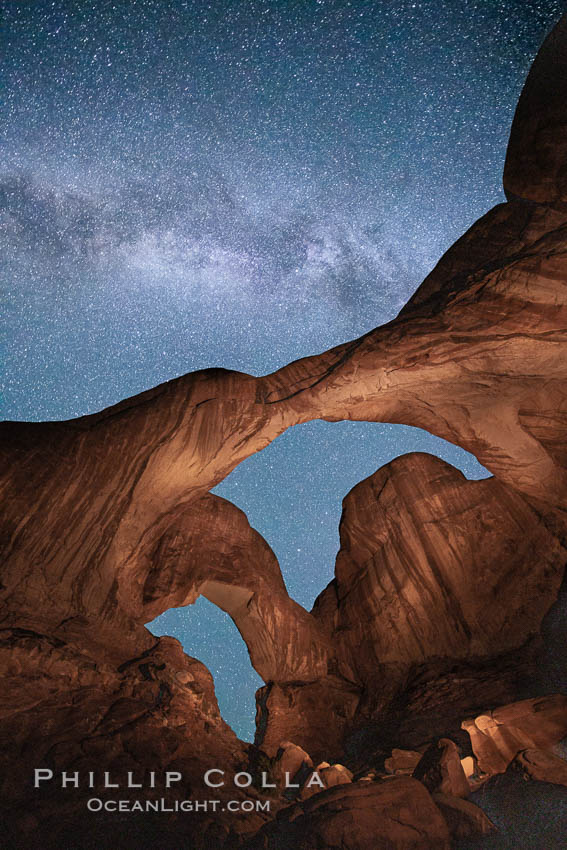 Double Arch and the Milky Way, stars at night. Arches National Park, Utah, USA, natural history stock photograph, photo id 27876