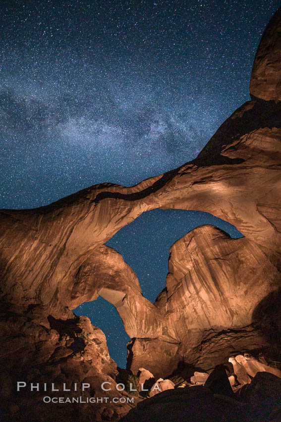 Double Arch and the Milky Way, stars at night. Arches National Park, Utah, USA, natural history stock photograph, photo id 27877