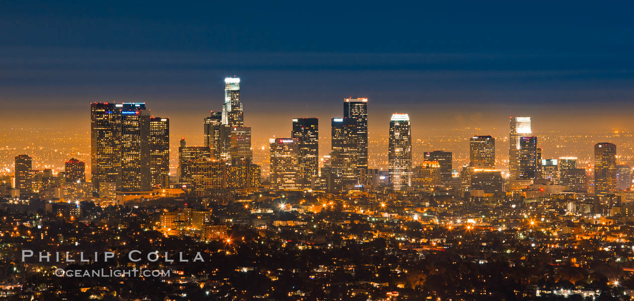 Downtown Los Angeles at night, street lights, buildings light up the night