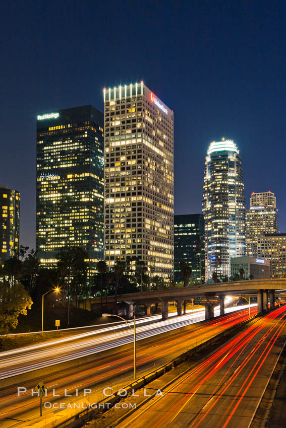 Downtown Los Angeles at night, street lights, buildings light up the night. California, USA, natural history stock photograph, photo id 27729