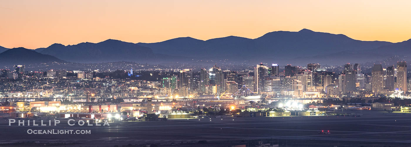 Downtown San Diego City Skyline Before Sunrise, a High Resolution Panorama with Distant Mountains and City Lights. California, USA, natural history stock photograph, photo id 40167