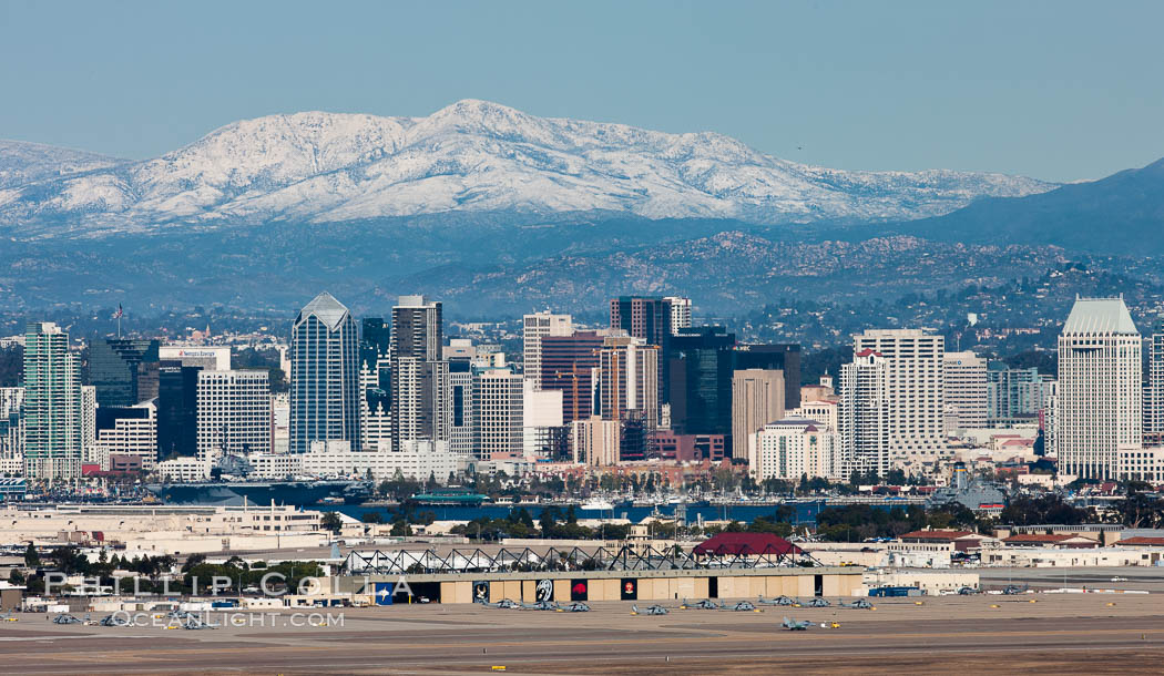 Downtown San Diego with snowcovered Mount Laguna, California