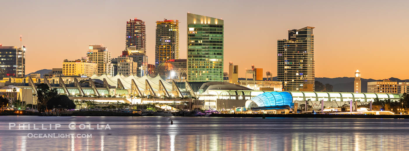 San Diego Convention Center Skyline and Waterfront at Sunrise. San Diego Convention Center, located in the Marina District of downtown San Diego. Built in 1989, the San Diego Convention Center offers 525,700 square feet of exhibit space. It is noted for its distinctive "sails" made of Teflon-coated fiberglass suspended over the central exhibition hall, aptly named Sails Pavilion. California, USA, natural history stock photograph, photo id 40046