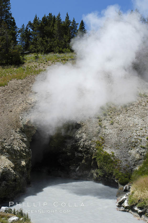 Dragons Mouth hot spring is a hot spring fronted by a pool churned by steam, carbon dioxide and hydrogen sulfide vapors roiling up through the pool formed in the springs cavernous mouth.  Mud Volcano area. Yellowstone National Park, Wyoming, USA, natural history stock photograph, photo id 07311