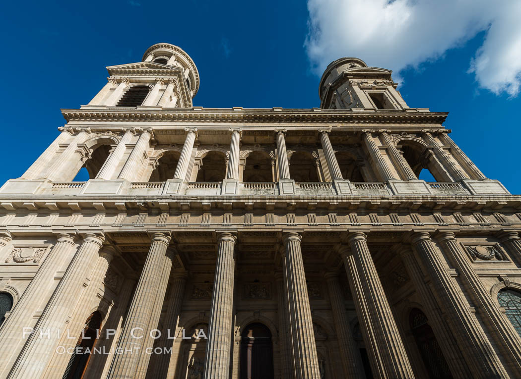 Eglise Saint-Sulpice. Saint-Sulpice is a Roman Catholic church in Paris, France, on the east side of the Place Saint-Sulpice, in the Luxembourg Quarter of the VIe arrondissement. At 113 metres long, 58 metres in width and 34 metres tall, it is only slightly smaller than Notre-Dame and thus the second largest church in the city., natural history stock photograph, photo id 28263