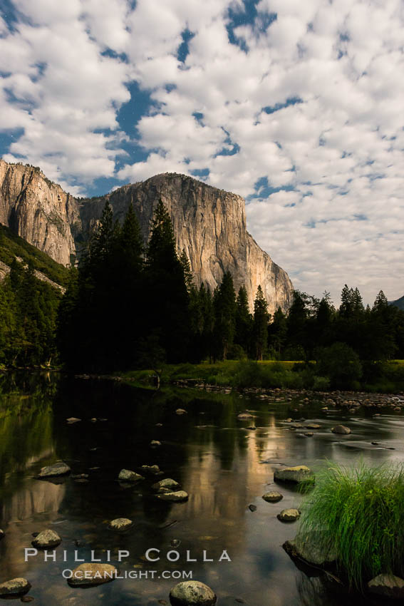 El Capitan and clouds lit by full moon, stars, evening. Yosemite National Park, California, USA, natural history stock photograph, photo id 28694