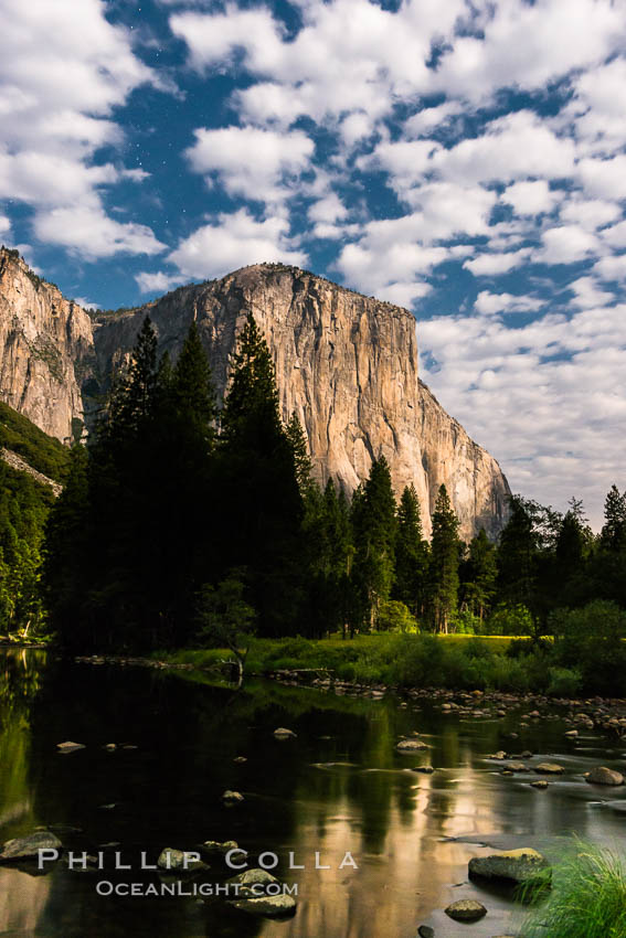 El Capitan and clouds lit by full moon, stars, evening. Yosemite National Park, California, USA, natural history stock photograph, photo id 28695