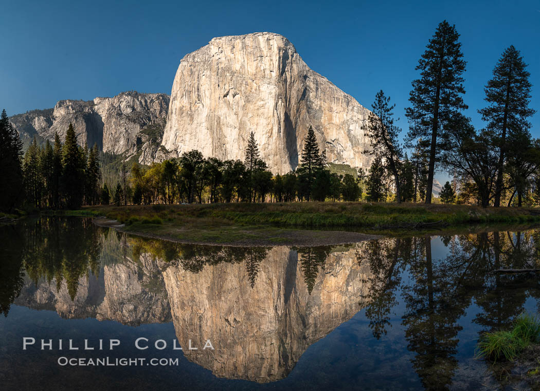 Panorama of El Capitan reflected in Merced River, Yosemite National Park. California, USA, natural history stock photograph, photo id 36457