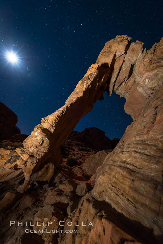 Elephant arch and stars at night, moonlight, Valley of Fire State Park. Nevada, USA, natural history stock photograph, photo id 28437