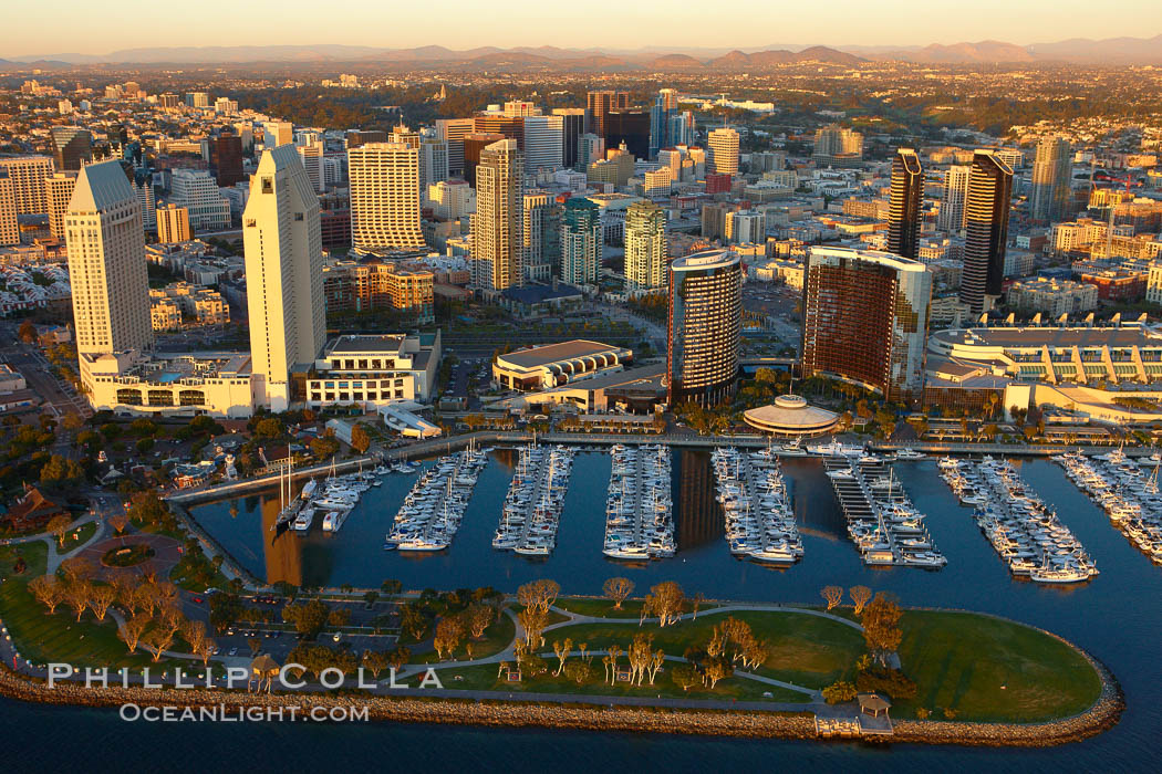 Embarcadero Marina Park, with the Grand Hyatt (left) and Marriott (right) hotels rising above the yacht basin. San Diego, California, USA, natural history stock photograph, photo id 22367