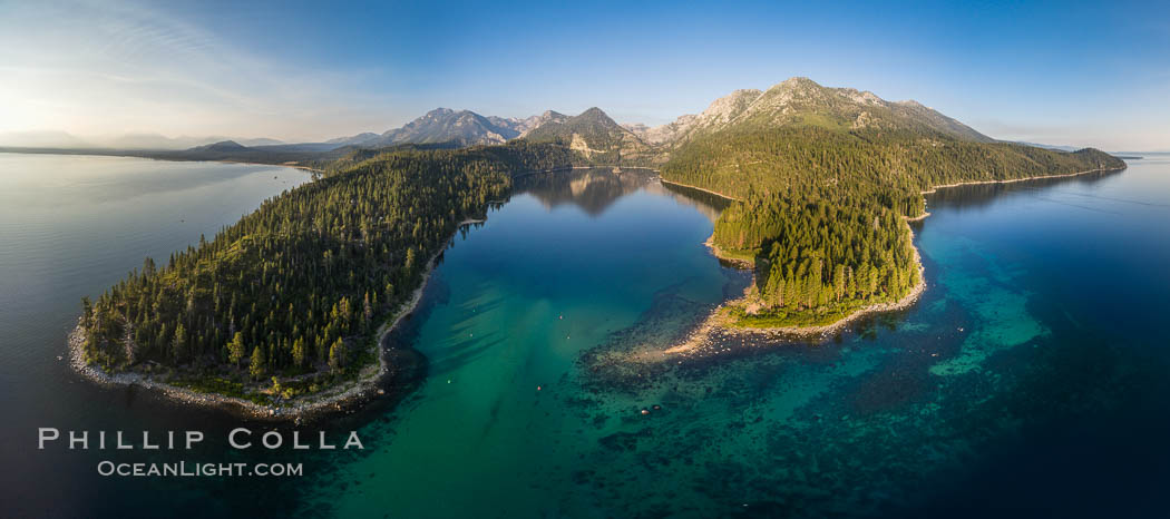 Emerald Bay Lake Tahoe, aerial panoramic photo of the mouth of the bay, early morning. California, USA, natural history stock photograph, photo id 38130
