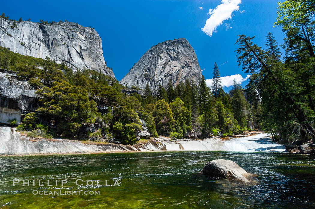 The Emerald Pool forms in the Merced River just above Vernal Falls.  Unfortunately, a few careless hikers have tried swimming in Emerald Pool only to be swept downstream and plunge over Vernals Falls to their deaths. Yosemite National Park, California, USA, natural history stock photograph, photo id 09199