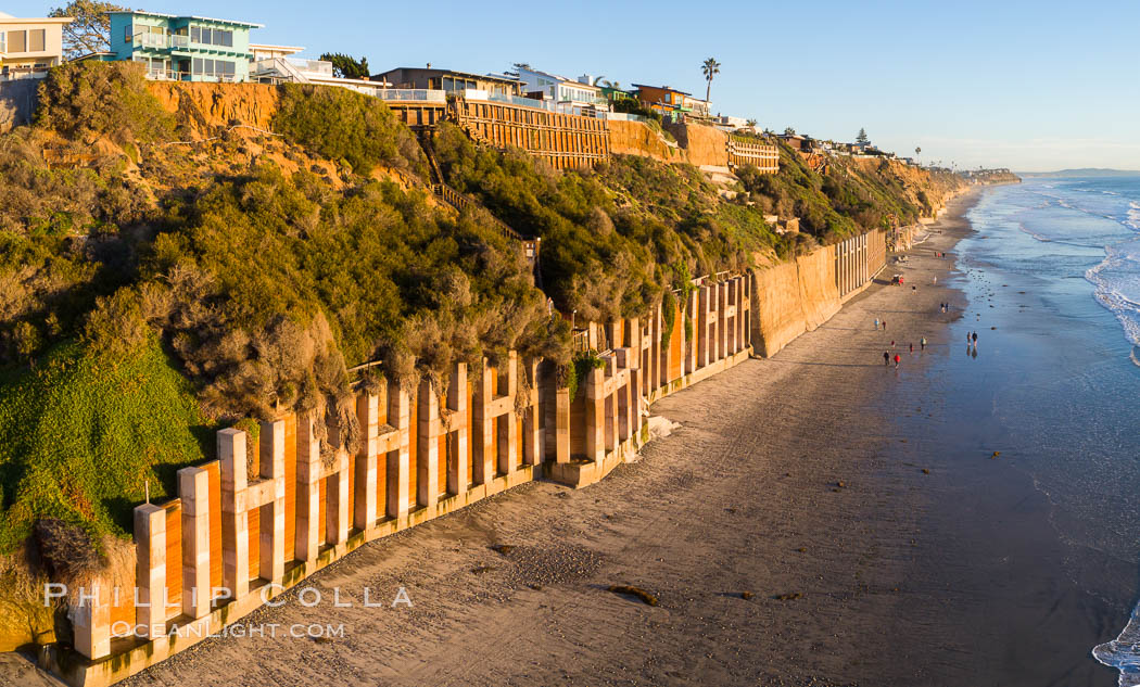 Falling bluffs and reinforcements, buttressing, Encinitas and Leucadia. These bluffs are coming down, its only a matter of time, but residents spend to prop up the bluffs and keep their homes from falling into the ocean. California, USA, natural history stock photograph, photo id 37971