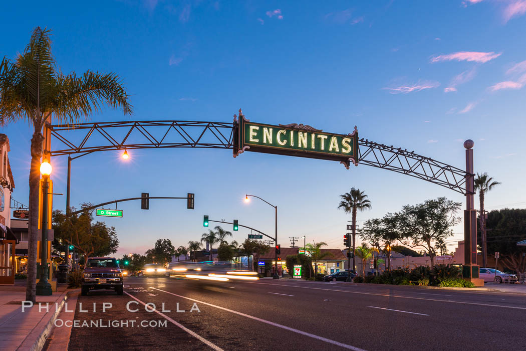 Encinitas city sign lit at night over Highway 101. California, USA, natural history stock photograph, photo id 28840