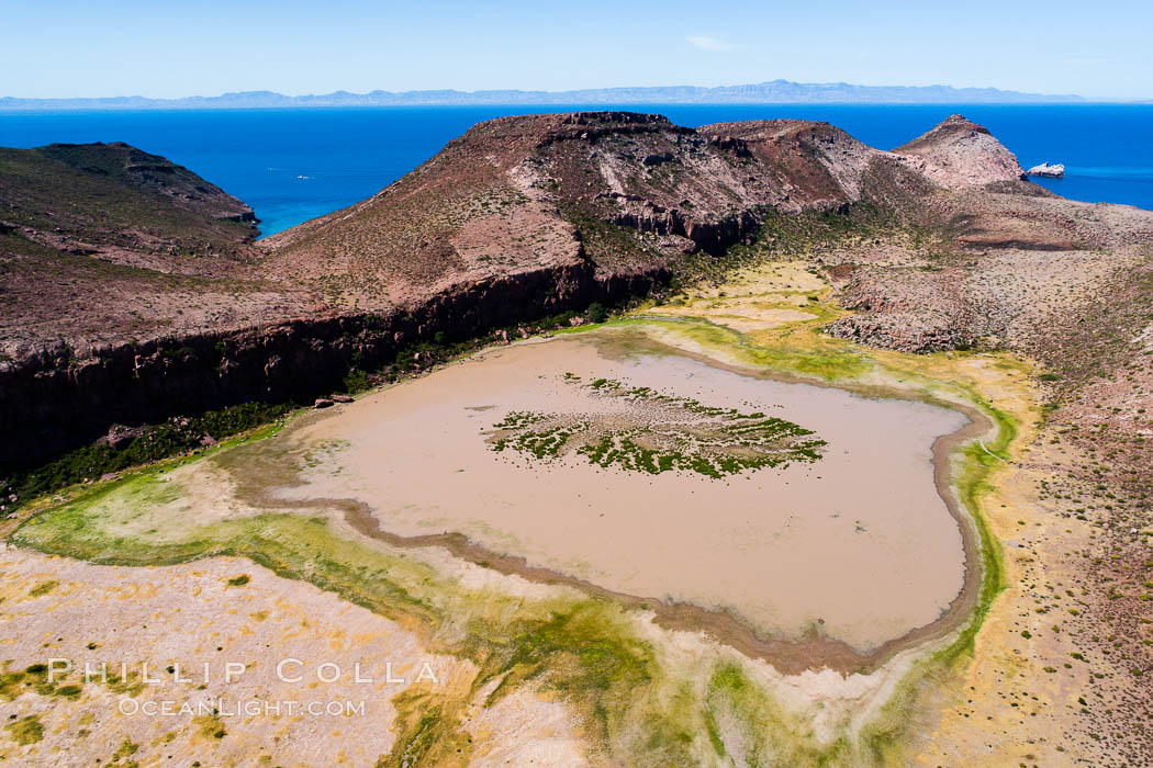 Ephemeral Lake atop Summit Mesa, Isla Partida, aerial view, Sea of Cortez, Baja California. Mexico, natural history stock photograph, photo id 33777