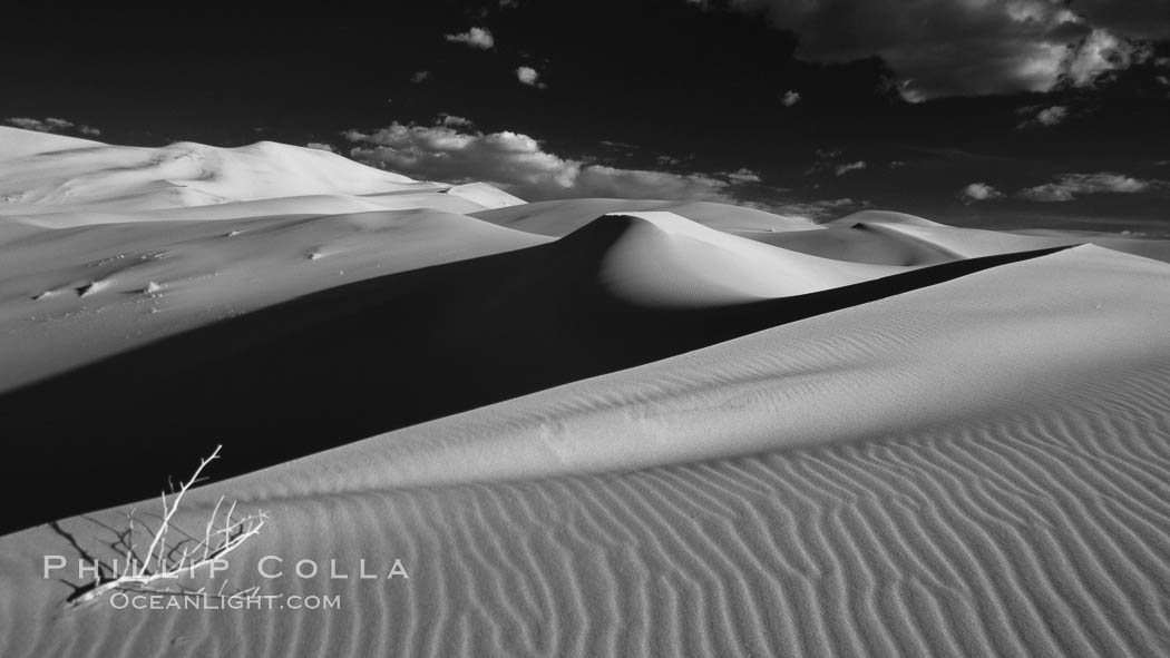 Eureka Sand Dunes, infrared black and white.  The Eureka Dunes are California's tallest sand dunes, and one of the tallest in the United States.  Rising 680' above the floor of the Eureka Valley, the Eureka sand dunes are home to several endangered species, as well as "singing sand" that makes strange sounds when it shifts. Death Valley National Park, USA, natural history stock photograph, photo id 25378