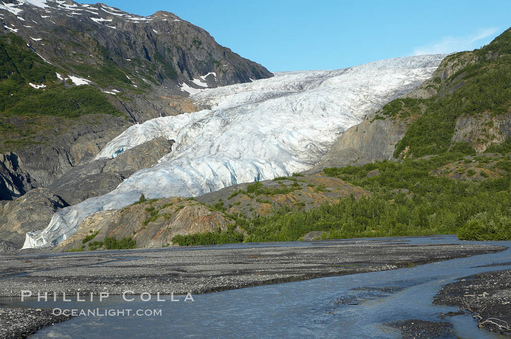 Exit Creek, the meltwaters of Exit Glacier, flow over the gravel plains over which the glacier has receded. Kenai Fjords National Park, Alaska, USA, natural history stock photograph, photo id 19270