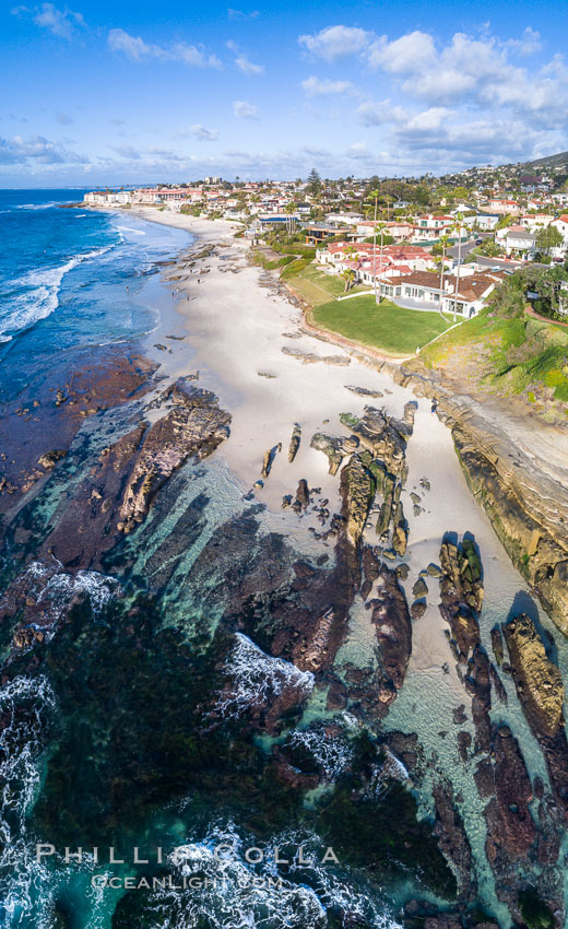 Exposed reef near Windansea, seen during King Low Tide, aerial panoramic photo. La Jolla, California, USA, natural history stock photograph, photo id 37972