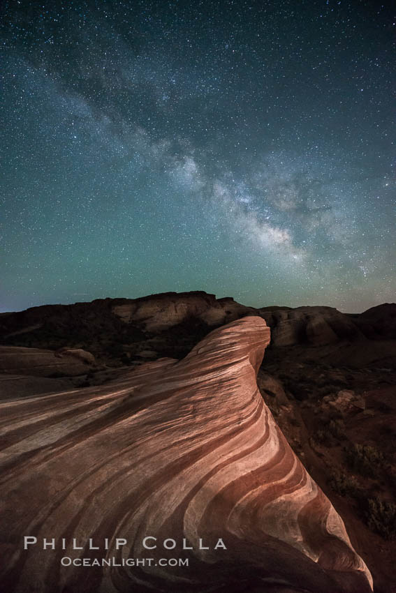 Milky Way galaxy rises above the Fire Wave, Valley of Fire State Park. Nevada, USA, natural history stock photograph, photo id 28554