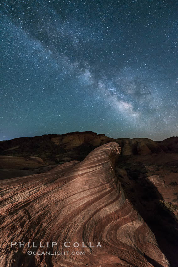 Milky Way galaxy rises above the Fire Wave, Valley of Fire State Park. Nevada, USA, natural history stock photograph, photo id 28555