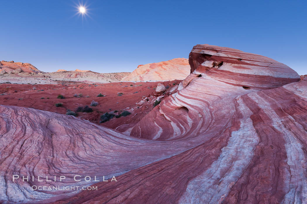 The moon sets over the Fire Wave, a beautiful sandstone formation exhibiting dramatic striations, striped layers in the geologic historical record. Valley of Fire State Park, Nevada, USA, natural history stock photograph, photo id 26511