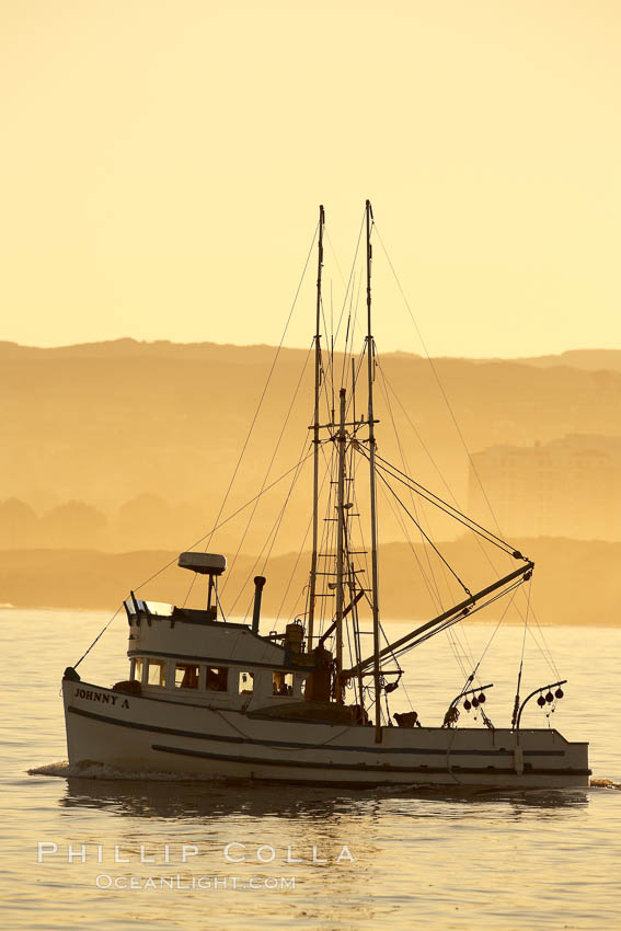 Fishing boat in sunrise golden light, departing the Monterey Harbor. California, USA, natural history stock photograph, photo id 21553