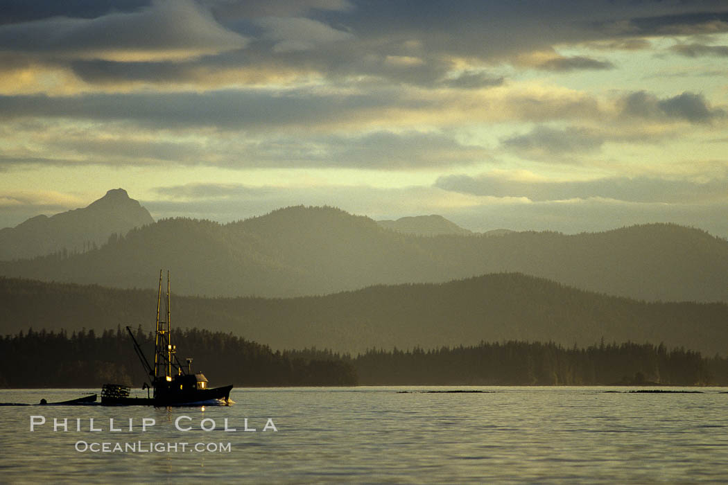 Fishing boat at sunset near the fishing town of Kake. Frederick Sound, Alaska, USA, natural history stock photograph, photo id 04583