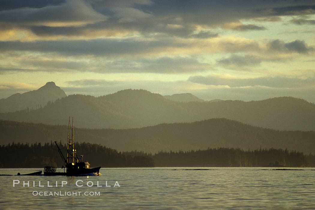 Fishing boat at sunset near the fishing town of Kake. Frederick Sound, Alaska, USA, natural history stock photograph, photo id 04583