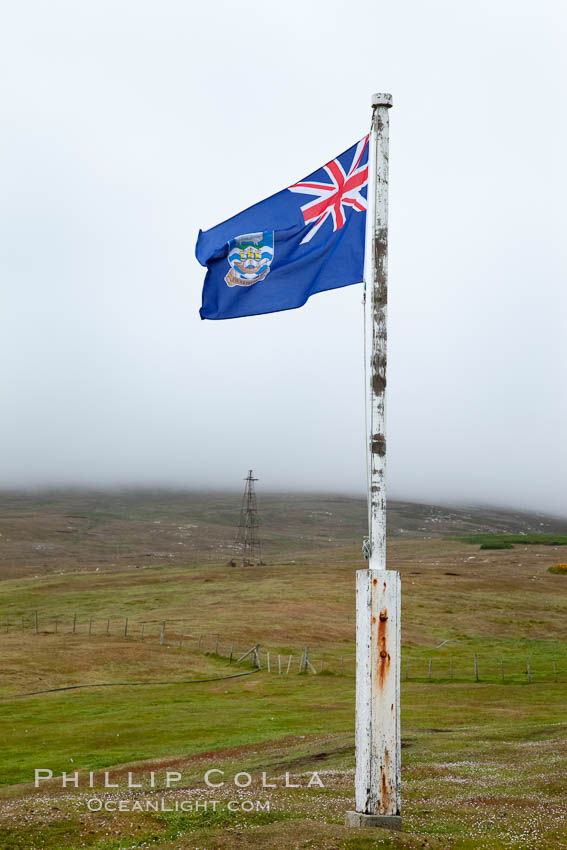 Flag flying in fog, Westpoint Island., natural history stock photograph, photo id 23961