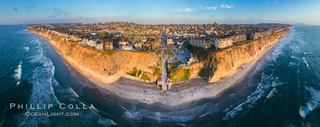 Fletcher Cove and Pillbox Beach at sunset, panoramic aerial photograph. Solana Beach, California, USA, natural history stock photograph, photo id 38087