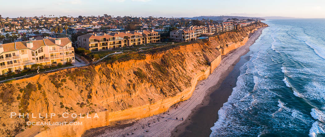 Fletcher Cove and Pillbox Beach at sunset, panoramic aerial photograph. Solana Beach, California, USA, natural history stock photograph, photo id 38219