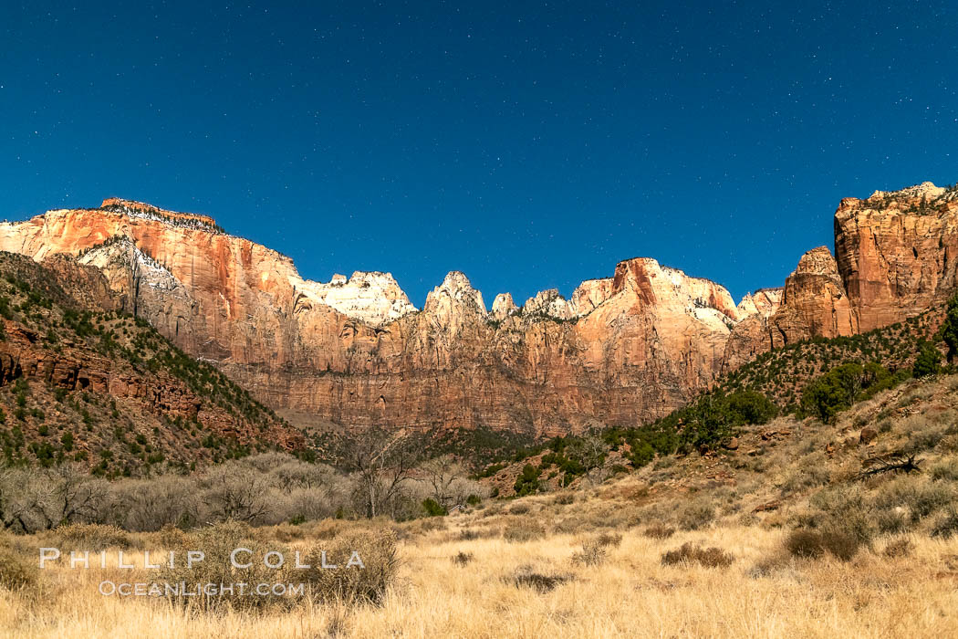 Full moon illuminates Zion National Park at night. Utah, USA, natural history stock photograph, photo id 36003