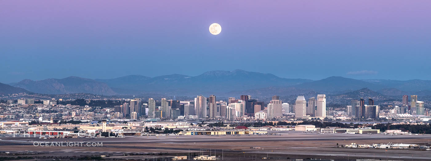 Full Moon Rises over the San Diego City Skyline and Mount Laguna, viewed from Point Loma, panoramic photograph. California, USA, natural history stock photograph, photo id 36636