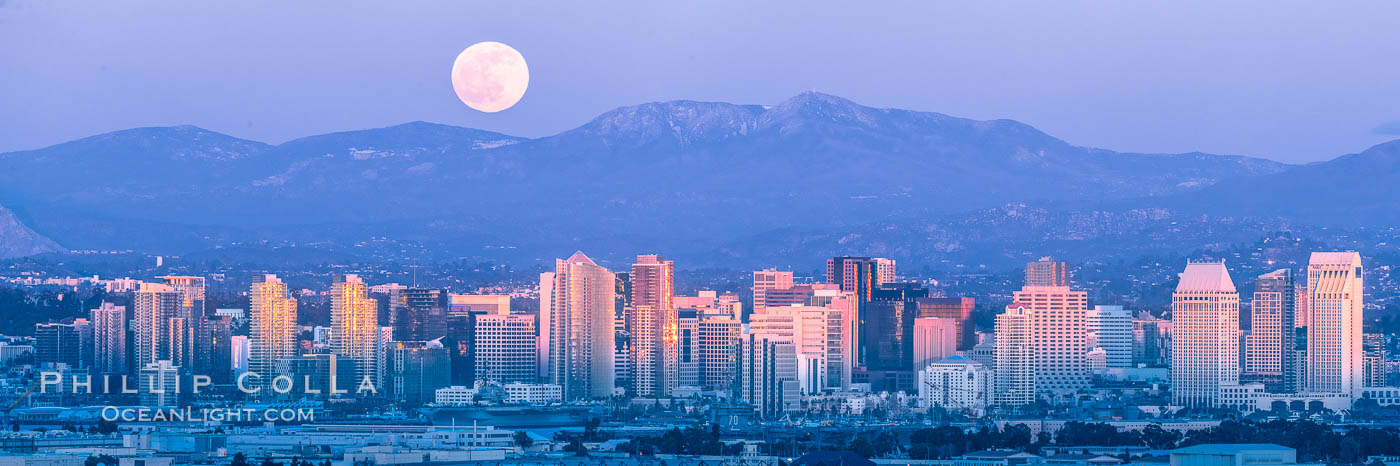 Full Moon Rises over the San Diego City Skyline and Mount Laguna, viewed from Point Loma, panoramic photograph. California, USA, natural history stock photograph, photo id 36635