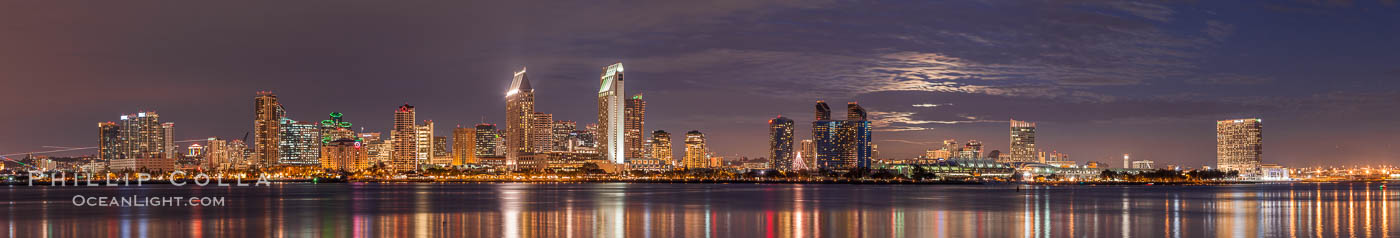 Full moon rising over San Diego city skyline, sunset, storm clouds, viewed from Coronado Island. California, USA, natural history stock photograph, photo id 28024