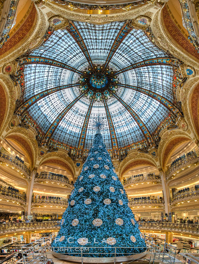 Christmas tree display at les Galeries Lafayette.  The Galeries Lafayette is an upmarket French department store company located on Boulevard Haussmann in the 9th arrondissement of Paris. France, natural history stock photograph, photo id 28131
