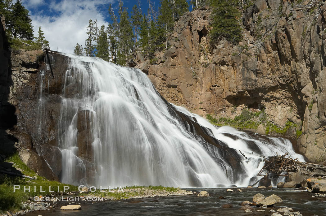 Gibbon Falls drops 80 feet through a deep canyon formed by the Gibbon River. Although visible from the road above, the best vantage point for viewing the falls is by hiking up the river itself. Yellowstone National Park, Wyoming, USA, natural history stock photograph, photo id 13274