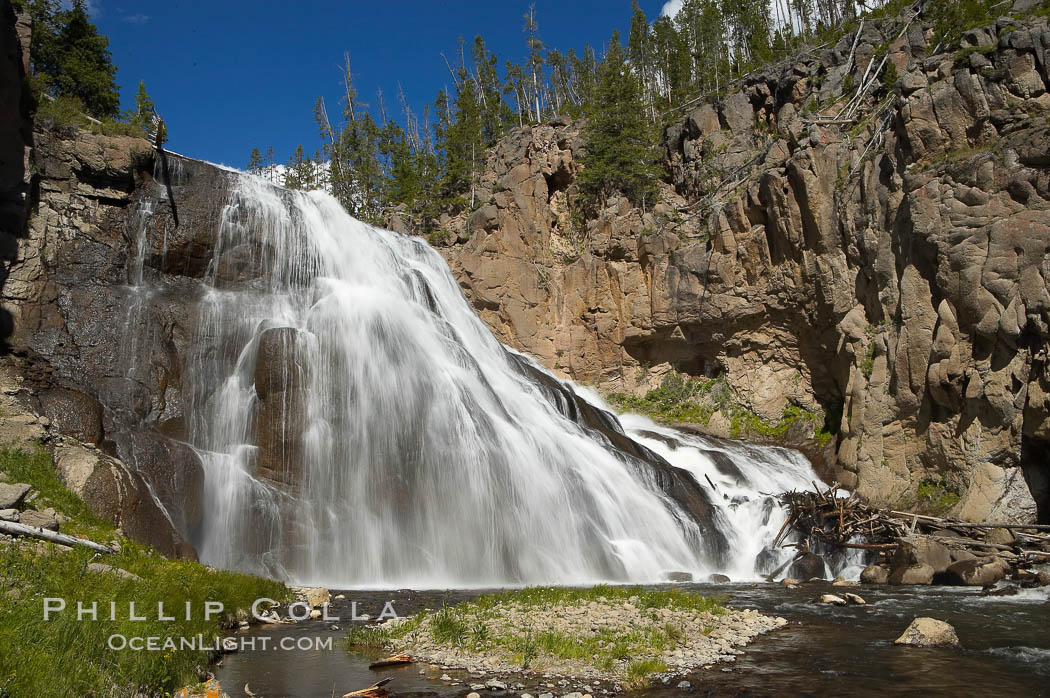 Gibbon Falls drops 80 feet through a deep canyon formed by the Gibbon River. Although visible from the road above, the best vantage point for viewing the falls is by hiking up the river itself. Yellowstone National Park, Wyoming, USA, natural history stock photograph, photo id 13282