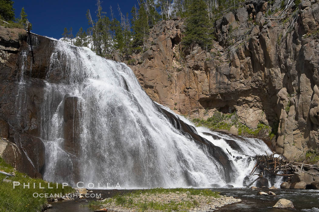 Gibbon Falls drops 80 feet through a deep canyon formed by the Gibbon River. Although visible from the road above, the best vantage point for viewing the falls is by hiking up the river itself. Yellowstone National Park, Wyoming, USA, natural history stock photograph, photo id 13280