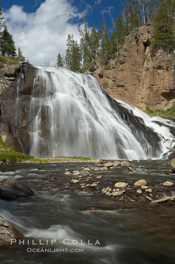 Gibbon Falls drops 80 feet through a deep canyon formed by the Gibbon River. Although visible from the road above, the best vantage point for viewing the falls is by hiking up the river itself. Yellowstone National Park, Wyoming, USA, natural history stock photograph, photo id 13271