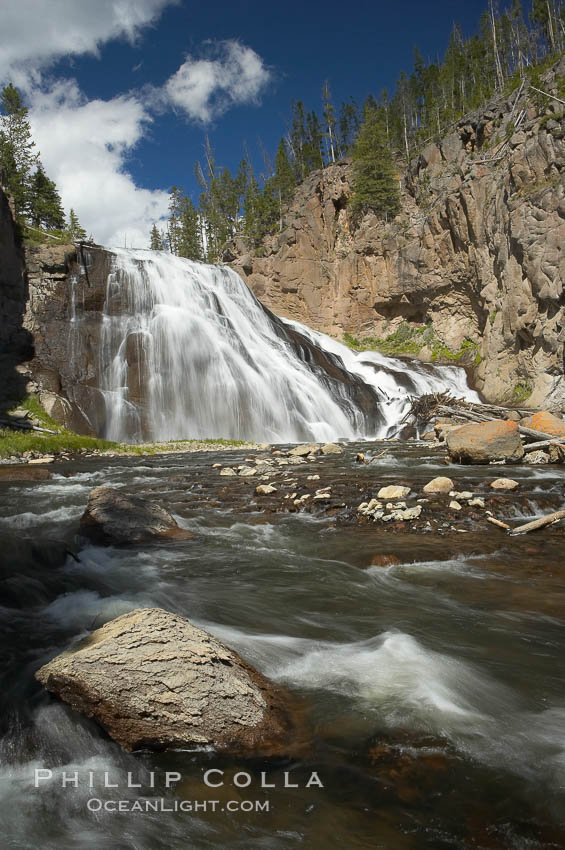 Gibbon Falls drops 80 feet through a deep canyon formed by the Gibbon River. Although visible from the road above, the best vantage point for viewing the falls is by hiking up the river itself. Yellowstone National Park, Wyoming, USA, natural history stock photograph, photo id 13287